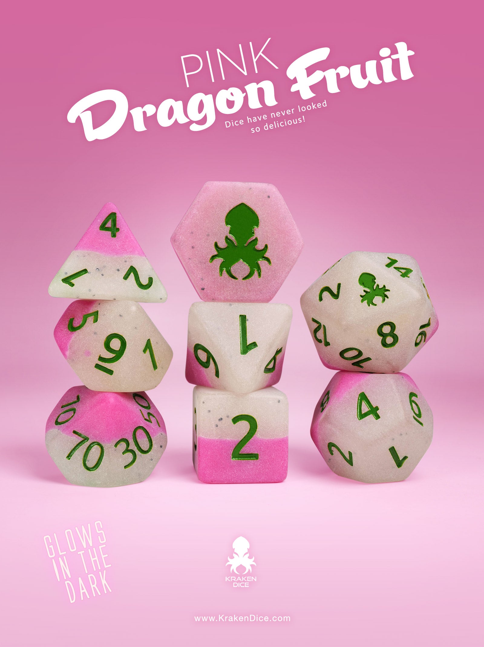 Pink Dragon Fruit Glow in the Dark 8pc Dice Set inked in Green